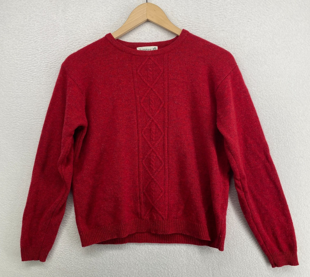 JUMPER Sweater Womens M 100% Wool Crewneck Cable Long Sleeve Pullover Red Vtg